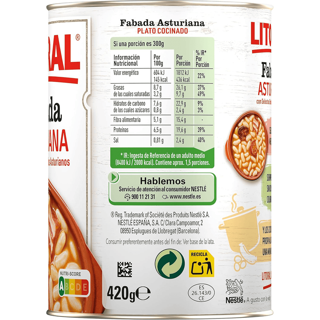 LITORAL Fabada Asturiana, Plato Preparado de Fabada Asturiana con Embutido Selecto, 420g, Pack Ahorro de 6 Unidades