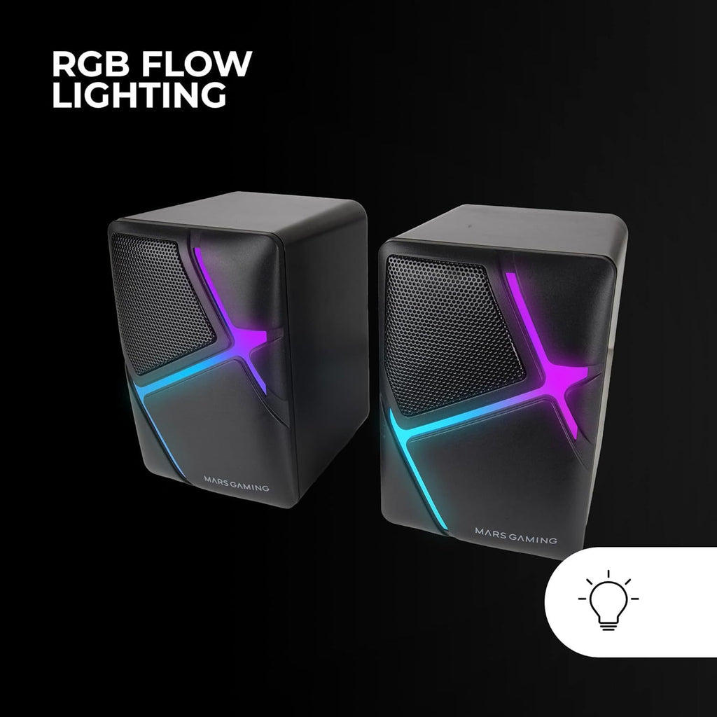 Mars Gaming MS-H, Altavoces Gaming RGB Flow, Drivers Invertidos y Sonido 3D-Surround 10W, Altavoces Compactos con Caja de Control de Volumen, Conexión Universal Jack 3.5mm, Negro
