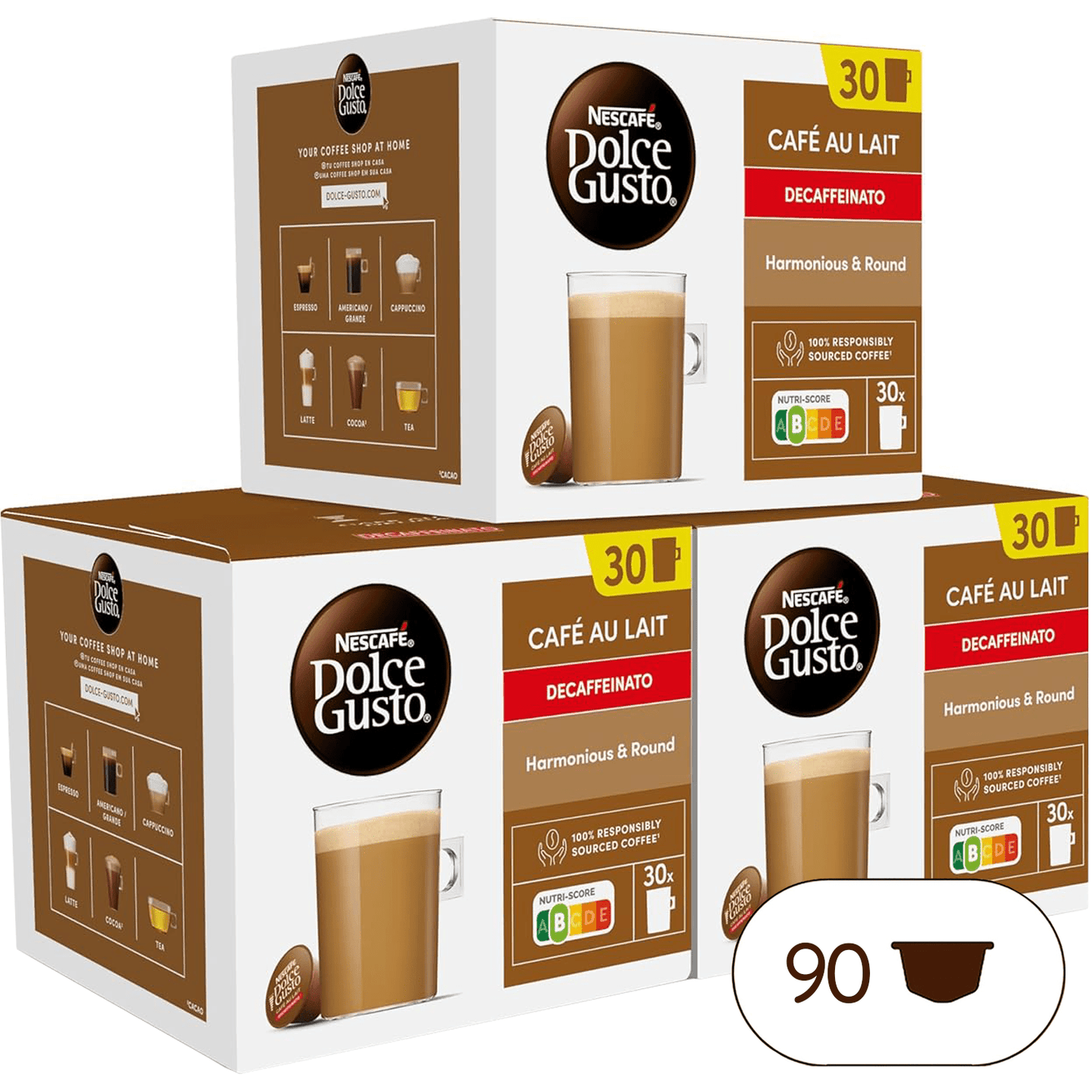 NESCAFÉ Dolce Gusto Café con Leche Descafeinado, 90 Cápsulas de Café, Intensidad 7, Para Cafeteras Dolce Gusto, 90 Cápsulas