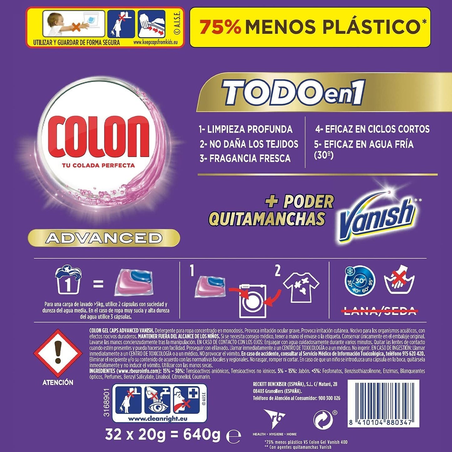 COLON Detergente para Lavadora en Cápsulas Vanish Todo en 1, Alto Podert Quitamanchas, Para Ropa Blanca y de Color, 32 Capsulas por Paquete