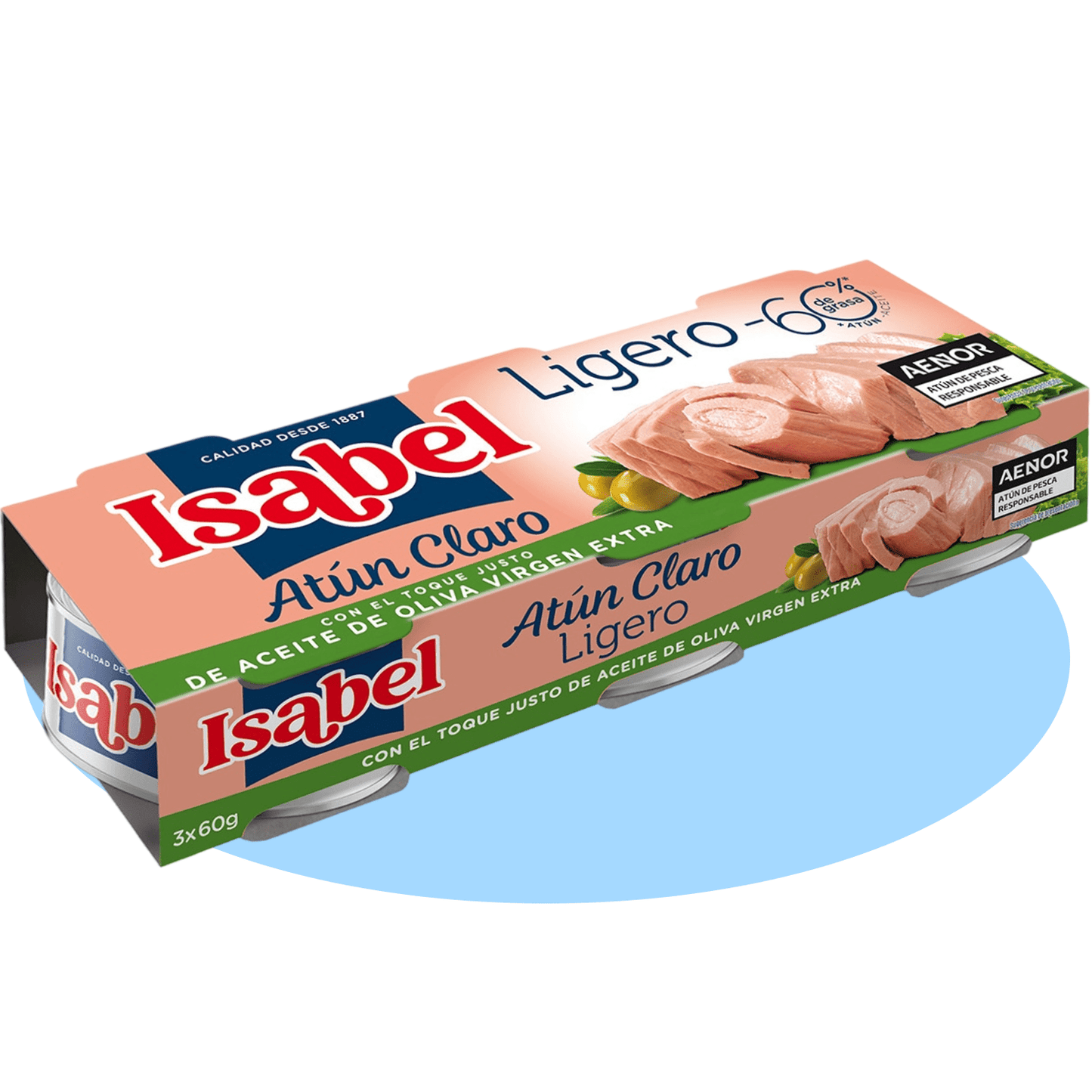 Isabel Atún Claro Ligero con el Toque Justo de Aceite de Oliva Virgen Extra, Pack 3 y 6, 60g por cada Lata