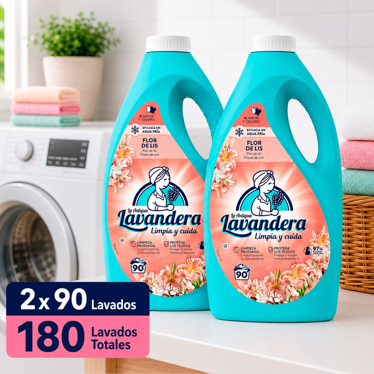 La Antigua Lavandera Detergente Líquido para Ropa, Aroma Flor de Lis, Pack de 2 Botellas de 90 Lavados Cada Una, 180 Lavados en Total