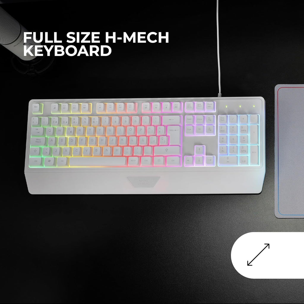 Mars Gaming MK124, Teclado Ergonómico H-Mech, Reposamuñecas Integrado, Iluminación FRGB Rainbow, Teclado Gaming Antighosting Avanzado, Teclado PC Completo Multiplataforma, Idioma Francés, Blanco