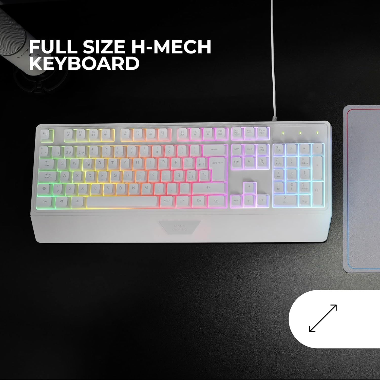 Mars Gaming MK124, Teclado Ergonómico H-Mech, Reposamuñecas Integrado, Iluminación FRGB Rainbow, Teclado Gaming Antighosting Avanzado, Teclado PC Completo Multiplataforma, Idioma Francés, Blanco