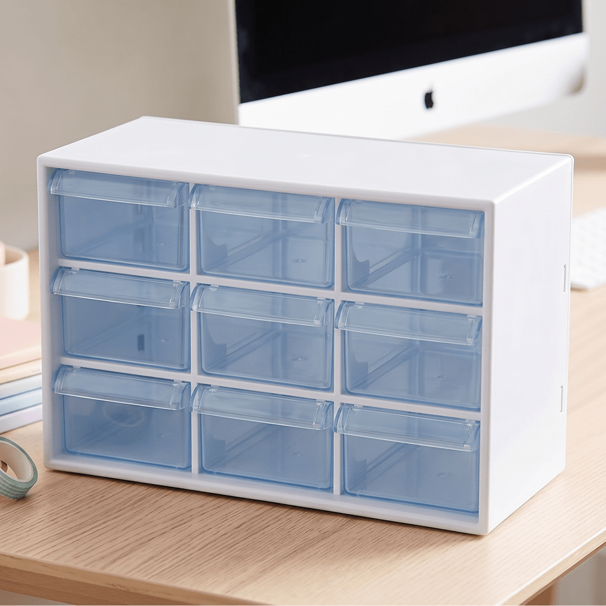 Organizador Multiusos Cajones, Caja de Almacenamiento de Plástico Duradero y Ligero, Perfecto para Todo Tipo de Escritorios, Ideal para Organizar, 9 Compartimientos, Blanco