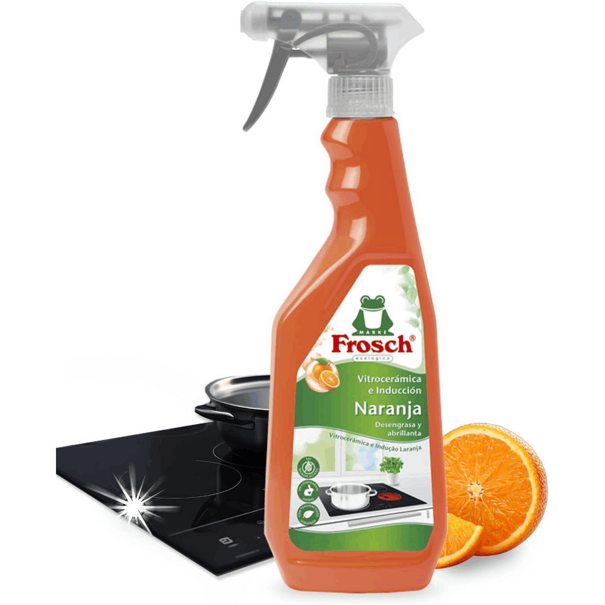 Frosch Limpiador Vitrocerámica y Placas de Inducción con Aceite de Naranja Roja, Acción Protectora, Desengrasante y Brillante, Formato Spray, 750 ml