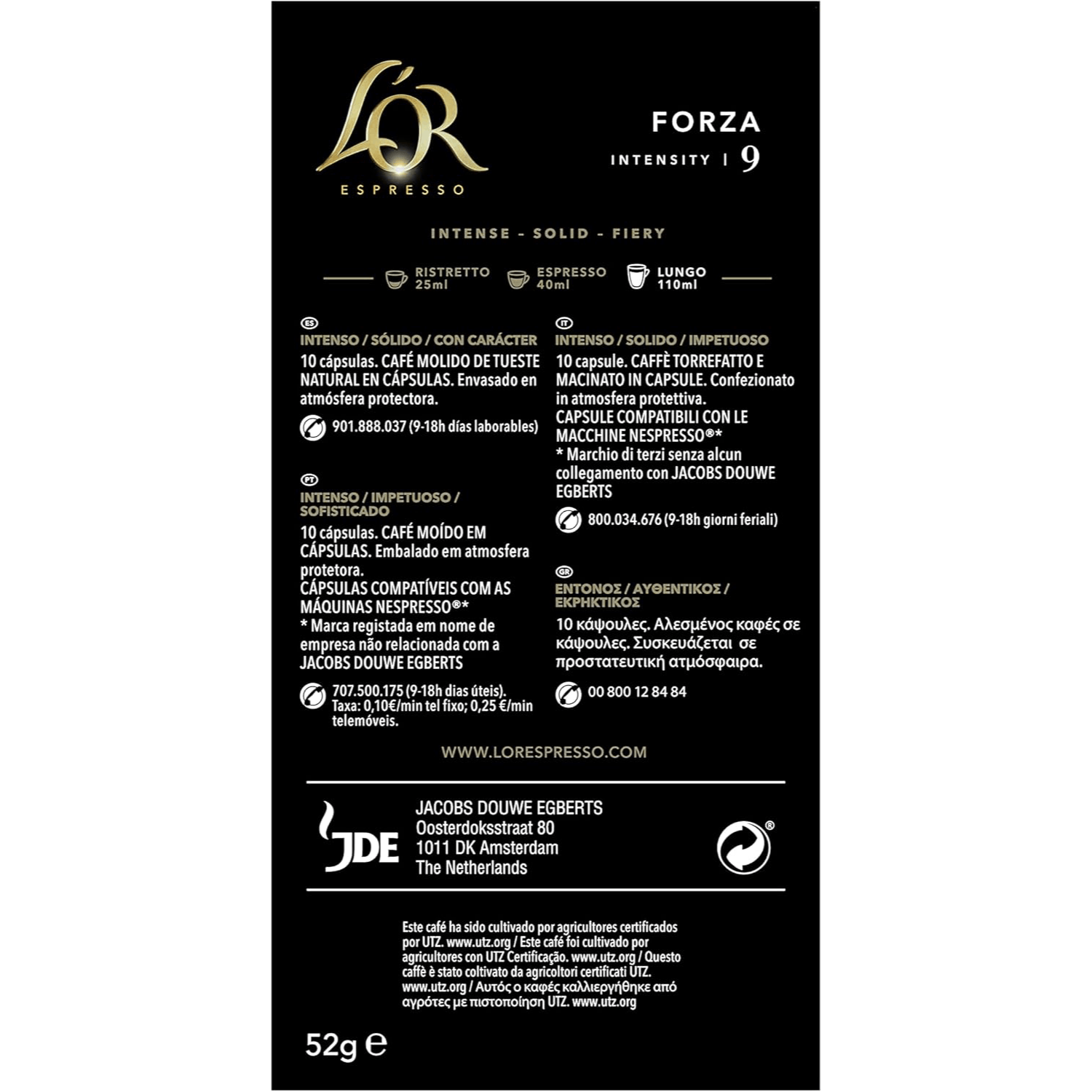 L'Or Espresso Café Cápsulas Forza, Intensidad 9, Notas Cremosas y de Nuez, 10/50 Cápsulas