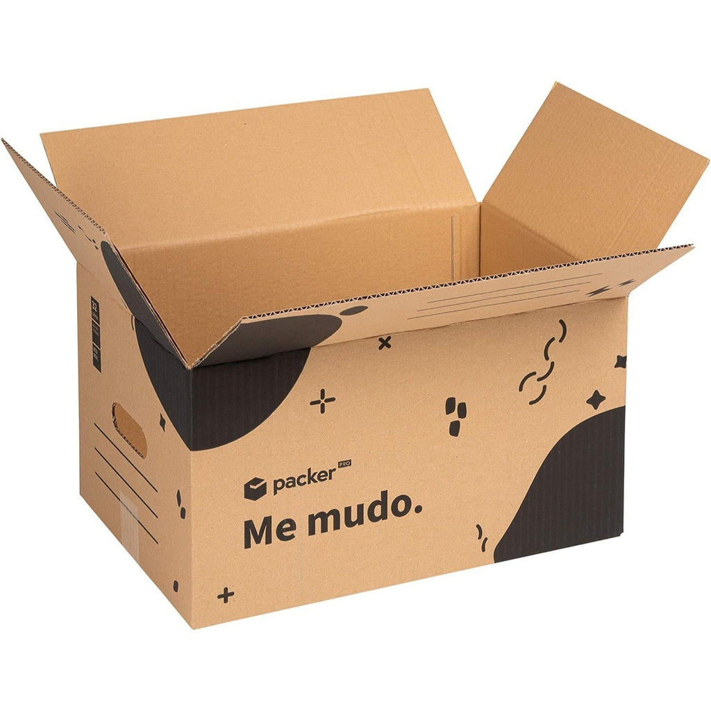 packer PRO Caja Cartón para Mudanzas y Almacenaje Ultra Resistentes con Asas, Cartón Resistente de Máxima Durabilidad, Tamaño Ideal para Mudanzas y Almacenaje de Libros, Objetos y Ropa, Asas Laterales para Manejo Fácil y Seguro