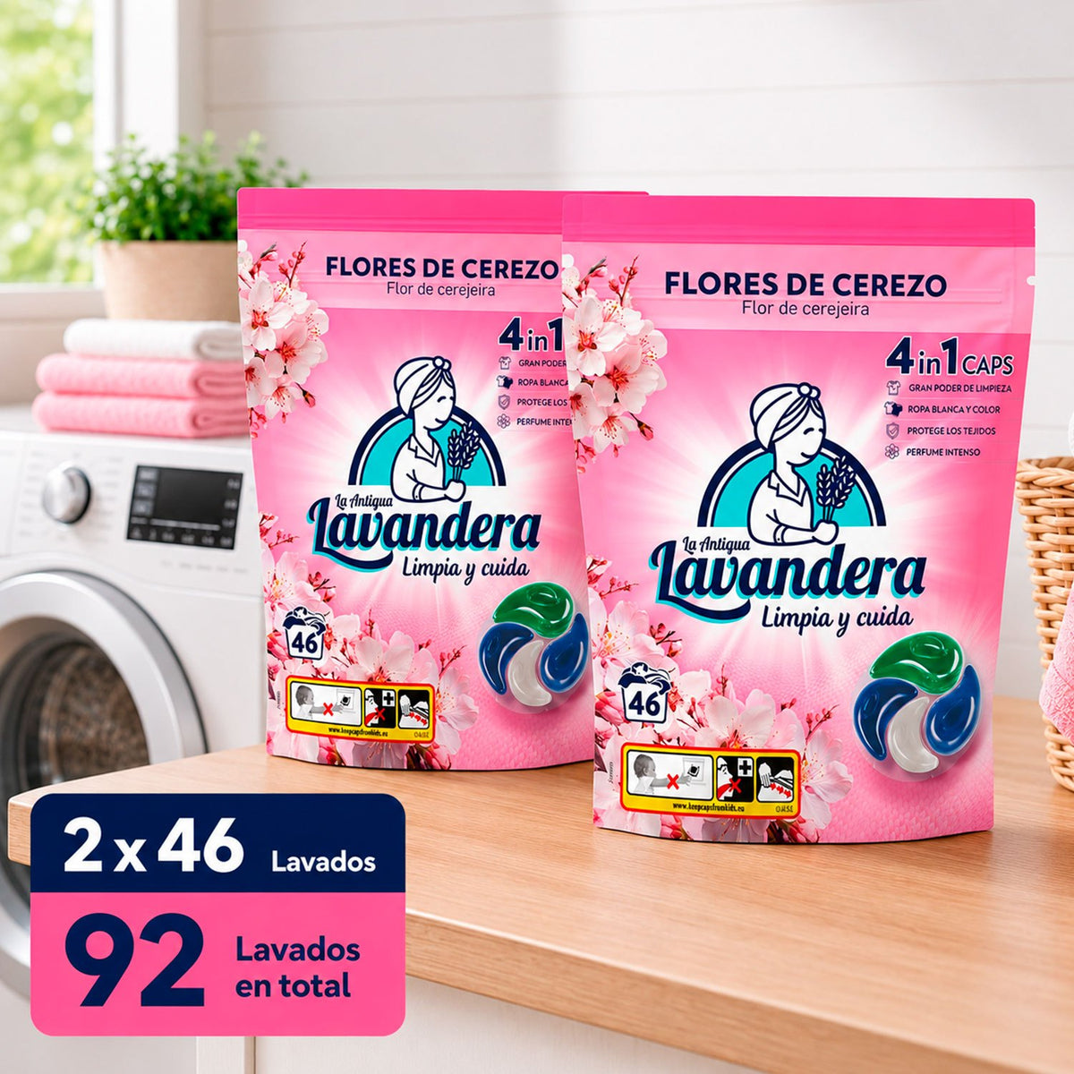 La Antigua Lavandera Detergente en Cápsulas 4 en 1 para Ropa, Aroma Flor de Cerezo, Pack de 2 Cajas de 46 Cápsulas Cada Una, 92 Cápsulas en Total