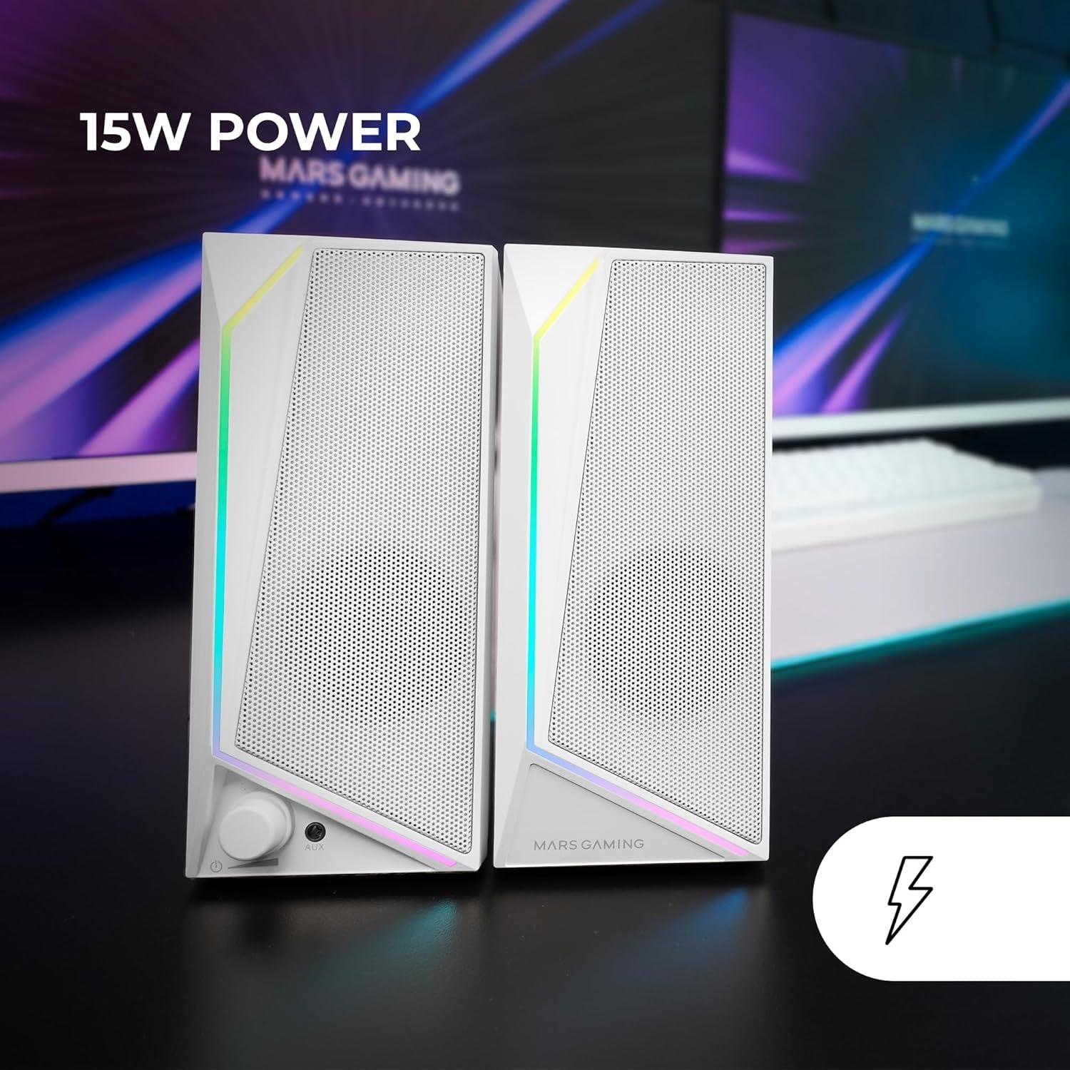 Mars Gaming MS72, Altavoces Gaming 15W, Iluminación RGB Flow, 2 Drivers Activos, Chipset DSP, Conexión Plug&Play USB y Jack 3.5mm, Rueda Control de Volumen y Puerto de Audio para Auriculares, Blanco