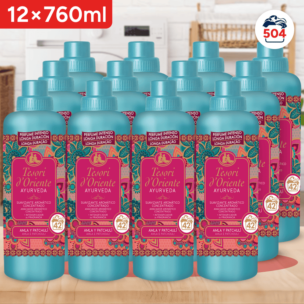 Tesori d'Oriente, Perfumador y Suavizante de Ropa Líquido Aromático Concentrado Ayurveda, Aceite de Amla y Pachulí con Microcápsulas para una Fragancia Duradera, Facilita el Planchado, 760ml - 42 Lavados por Botella