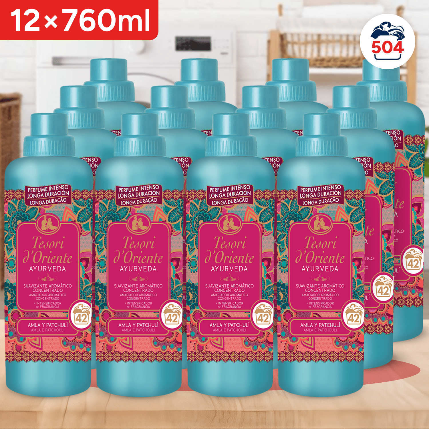 Tesori d'Oriente, Perfumador y Suavizante de Ropa Líquido Aromático Concentrado Ayurveda, Aceite de Amla y Pachulí con Microcápsulas para una Fragancia Duradera, Facilita el Planchado, 760ml - 42 Lavados por Botella
