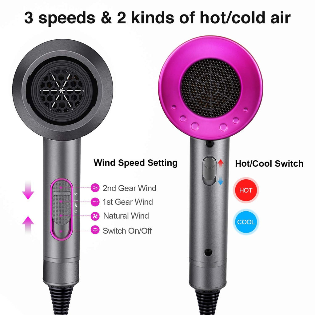 Secadores de Pelo Iónico Profesional, 2 niveles de Temperatura, 3 Velocidades, Incluye 2 Concentradores y 1 Difusor, Iones Negativos, Elimina la Estática, Mejora el Brillo Natural del Cabello, Moldea, Desenreda y Seca el Pelo a la Vez