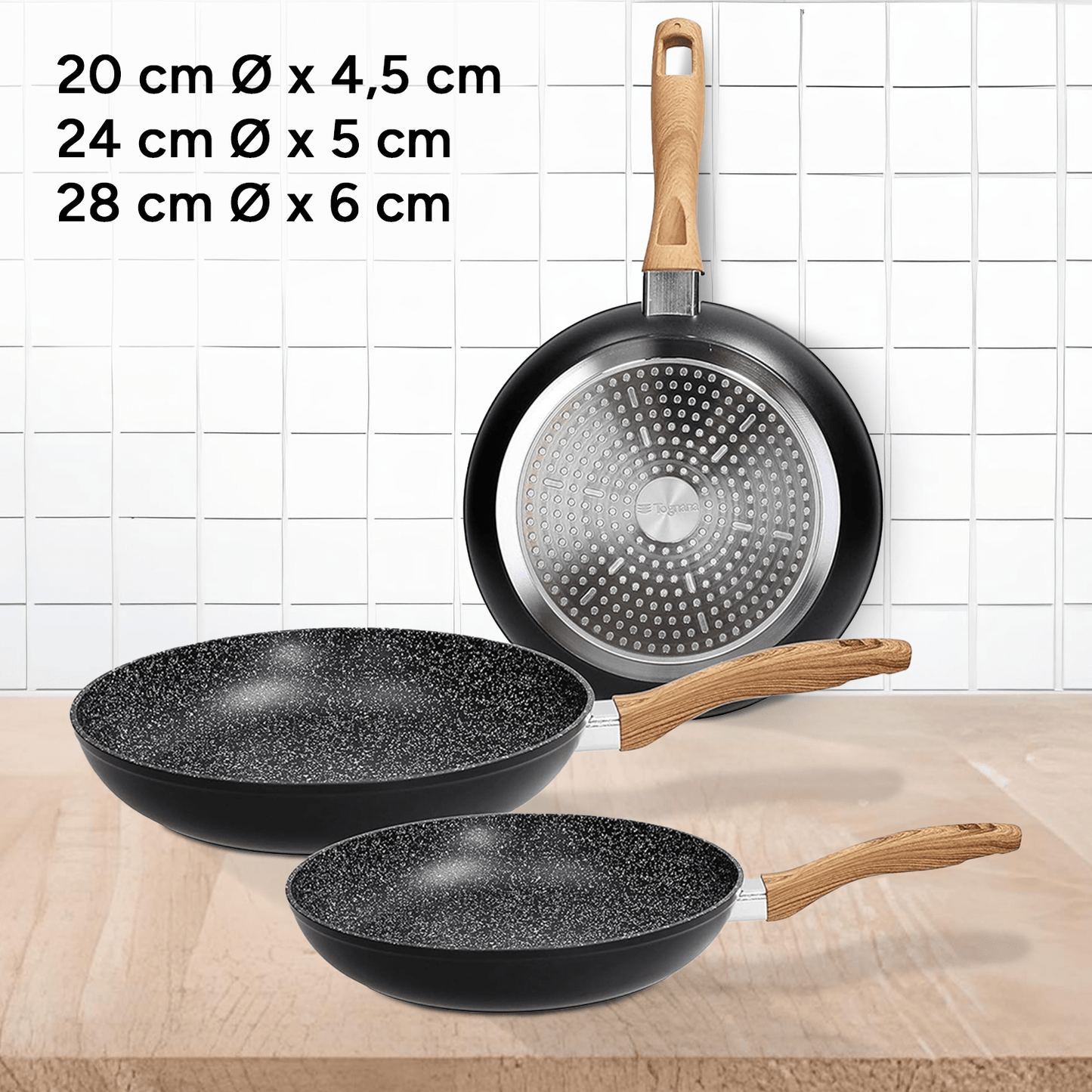 Set 3 Sartenes de Cocina de Aleación de Aluminio Forjado con Revestimiento Cerámico Antiadherente, Tamaños Ø20/24/28 cm, Mangos de Baquelita, Alta Resistencia y Distribución Uniforme del Calor