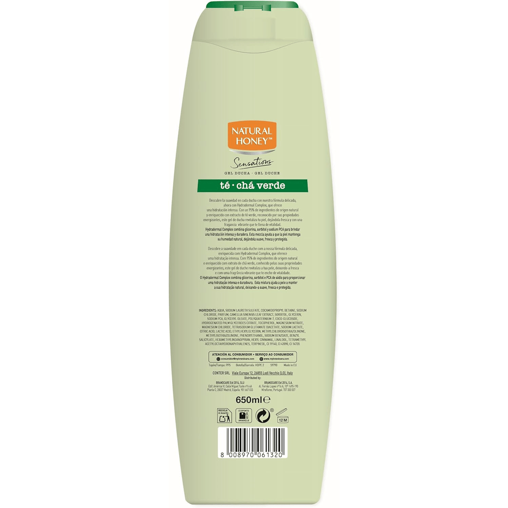 Natural Honey, Gel de Ducha de Té Verde con Propiedades Antioxidantes y Energizantes, con Hydradermal Complex para una Piel Hidratada y Revitalizada, Refrescante y Protector, Línea Sensations, 650 ml