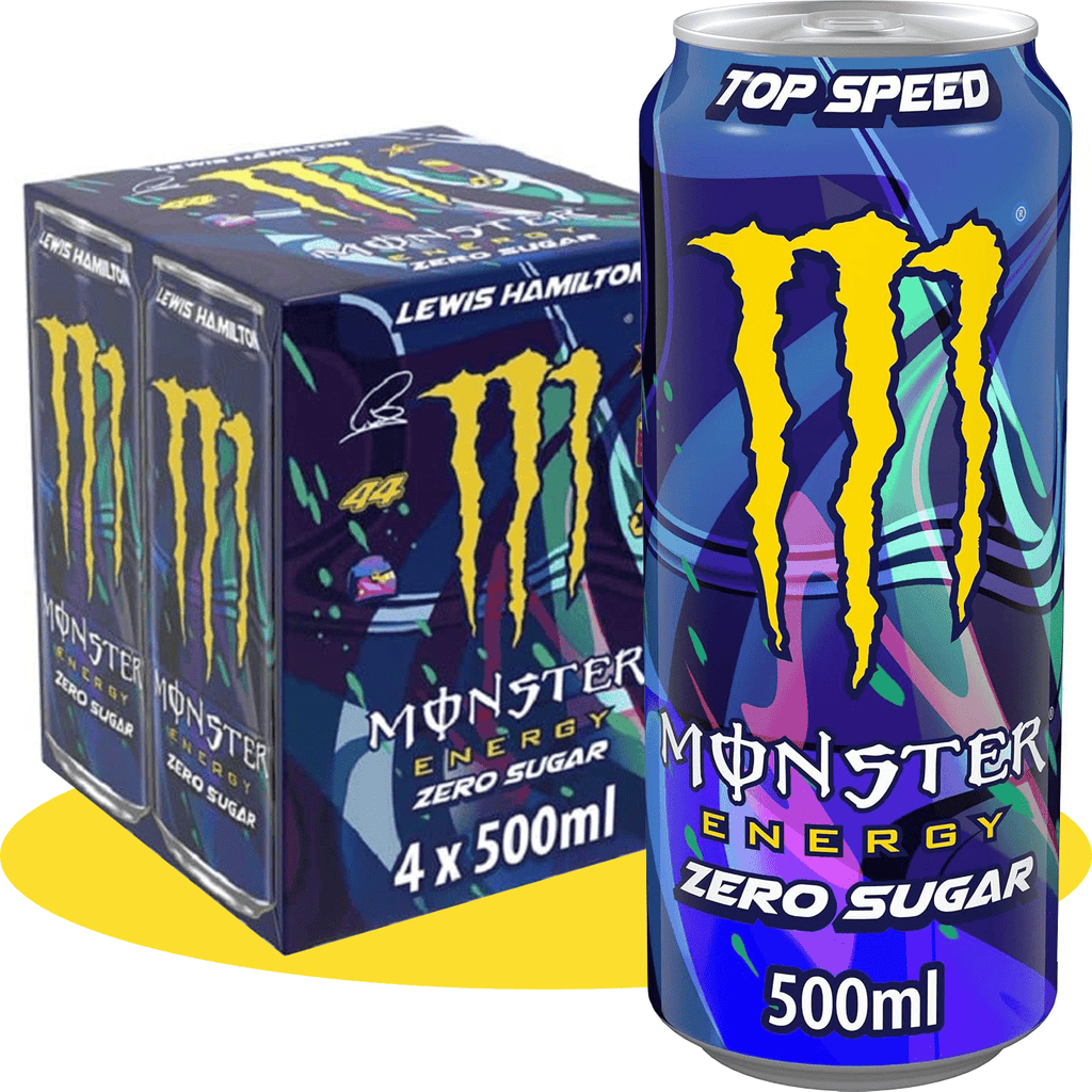 MONSTER ENERGY Top Speed Lewis Hamilton Bebida Energética Sabor Melocotón y Frutas Tropicales, Sin Azúcar, 4 Latas de 500ml