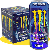 MONSTER ENERGY Top Speed Lewis Hamilton Bebida Energética Sabor Melocotón y Frutas Tropicales, Sin Azúcar, 4 Latas de 500ml