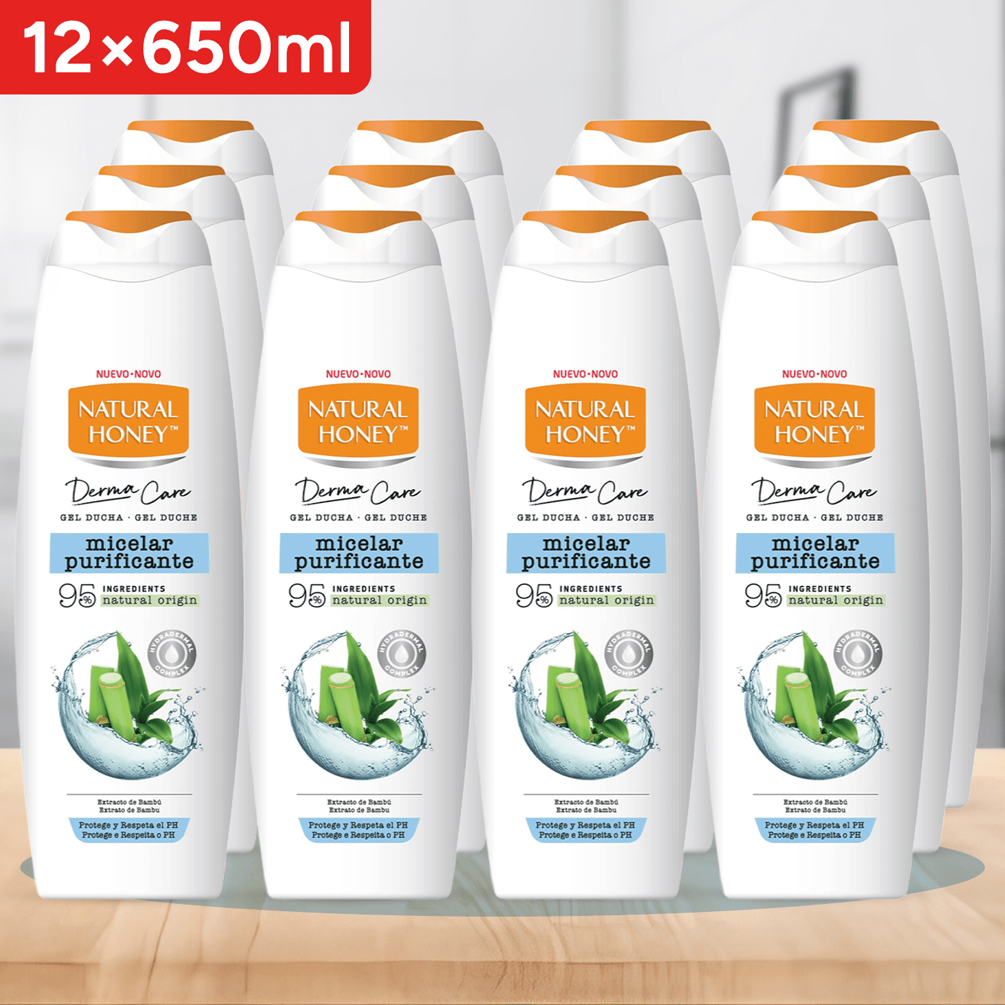 Natural Honey, Gel de Ducha Micelar Purificante con Extracto de Bambú, Hydradermal Complex y Micelas que Previenen la Sensación de Sequedad, Protege el pH Natural de la piel, Línea Derma Care, 650 ml
