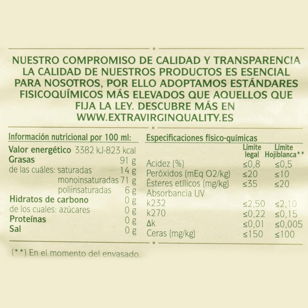 MAESTROS DE HOJIBLANCA Aceite de Oliva Virgen Extra, Botella de 1L