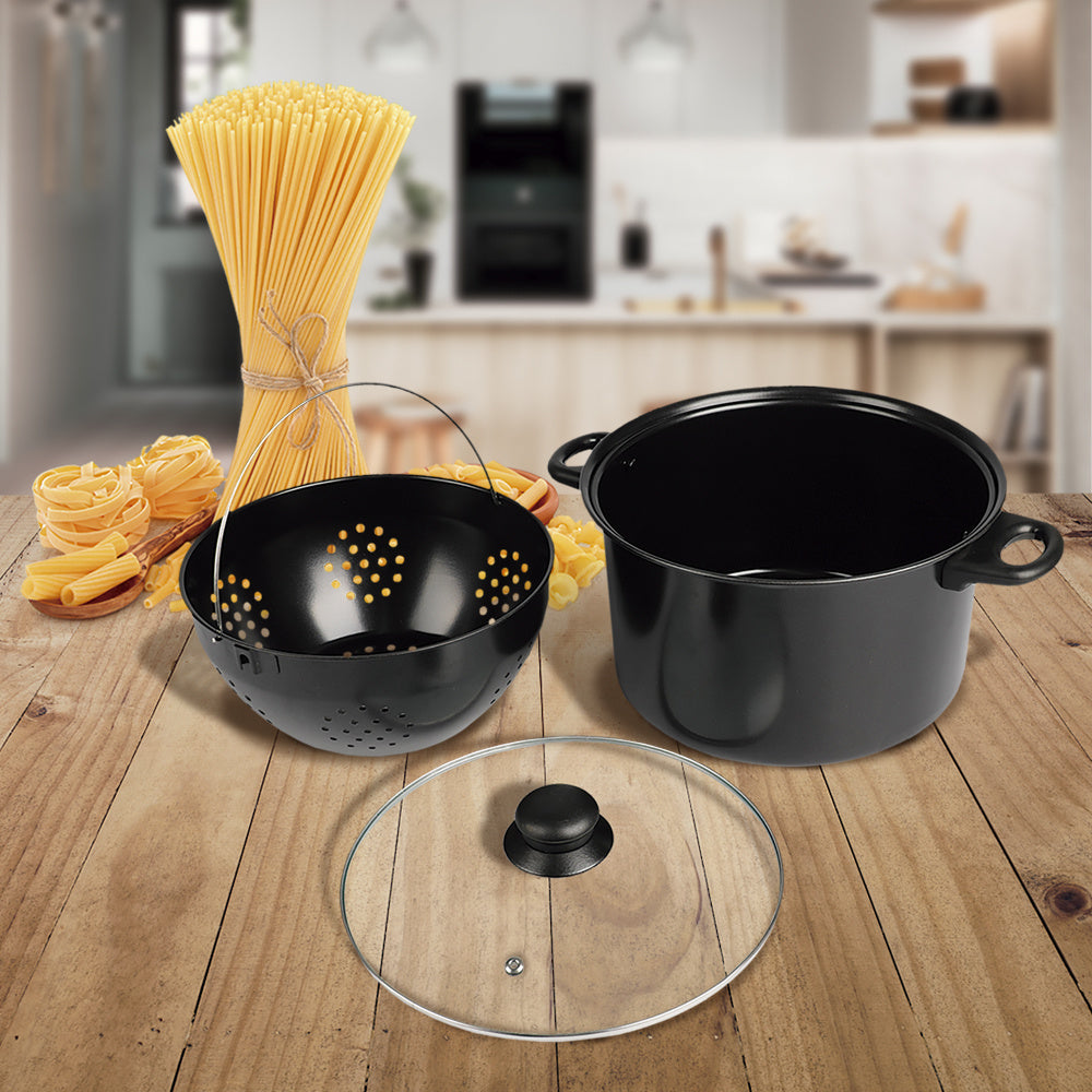 Cacerola de Cocina Antiadherente de 26 cm con Escurridor y Tapa de Cristal con Válvula, Asas de Baquelita, Acero de 5 mm, Ideal para Cocinar y Escurrir con Comodidad