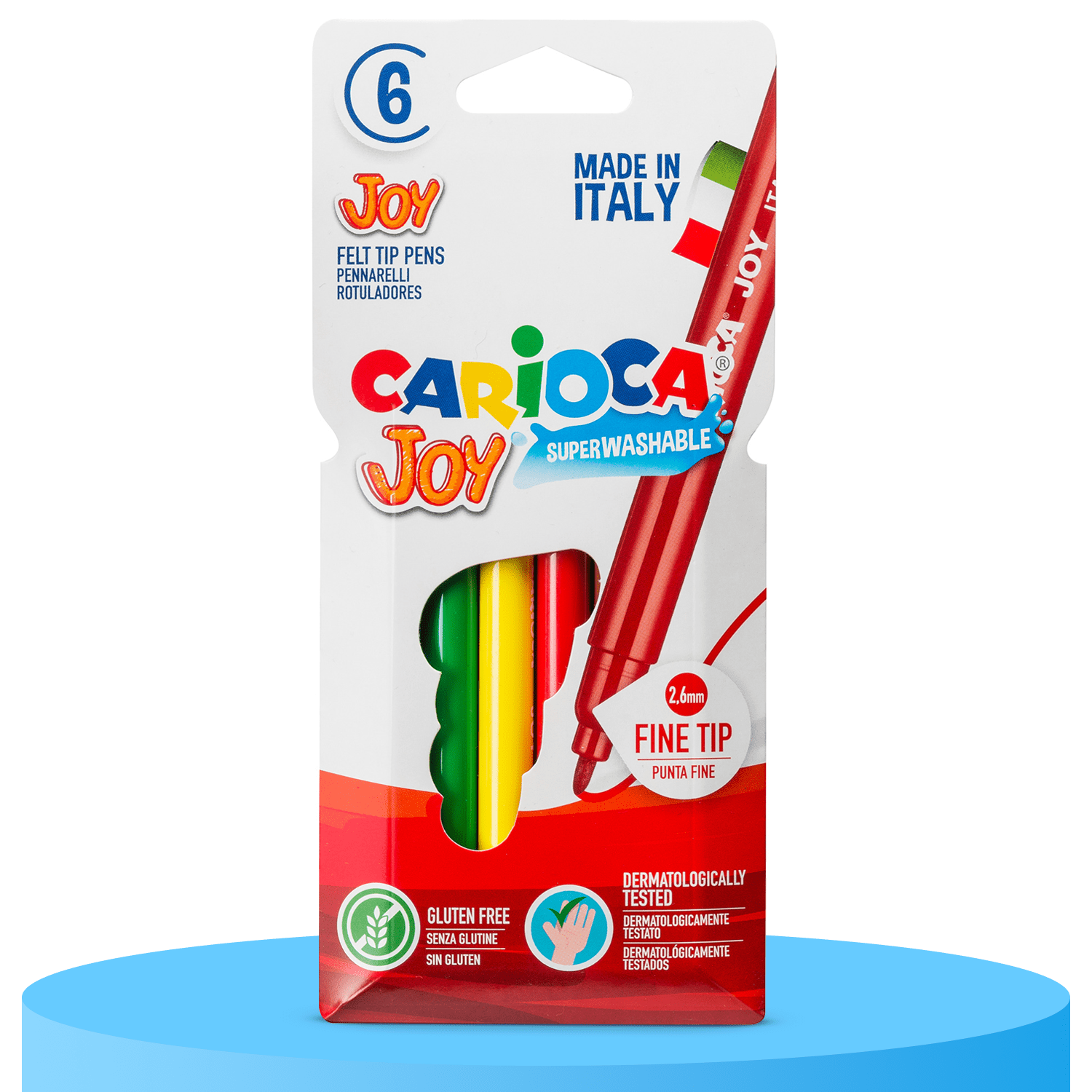 CARIOCA Joy Rotuladores de Colores Punta Fina, Rotuladores Lavables, Punta Fina 2,6mm, Paquete de 6 Rotuladores