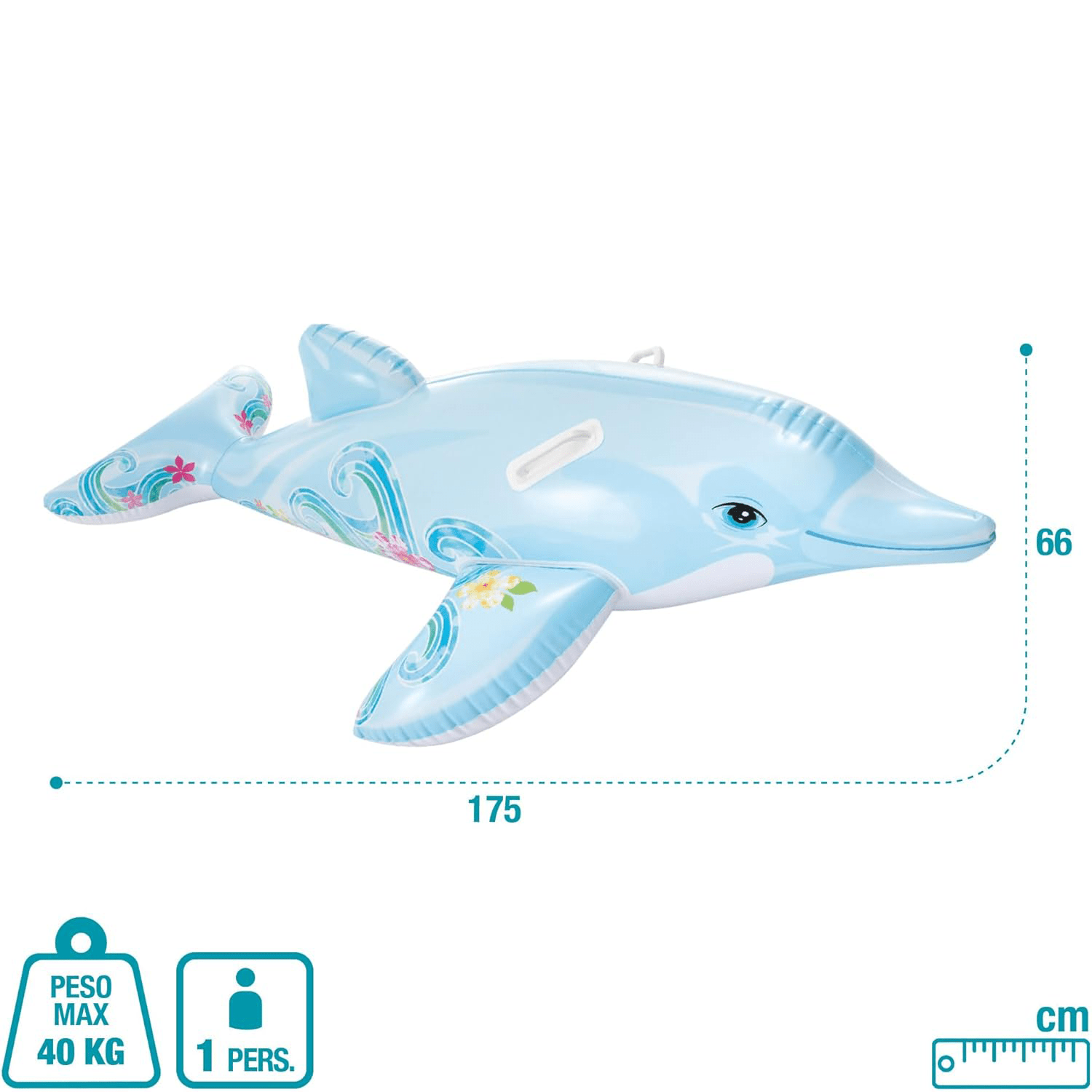Flotador Piscina Delfín Hinchable Grande con 2 Asas, Hecha de Vinilo Ultra Resistente, Con 2 Cámaras de Aire para Mayor Seguridad y 2 Asas Resistentes para Mayor Sujeción y Estabilidad, Incluye Kit de Parches para Reparar Pequeños Poros o Pinchazos