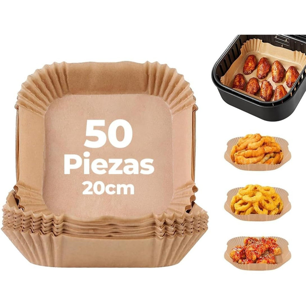 x50 Papel Freidora Aire, Papel Antiadherente, Resistente e Impermeable, Ideal para Freidoras sin Aceite, Papel Air Fryer Cuadrado, 20 cm