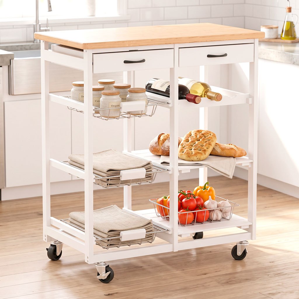Carro Auxiliar de Cocina de Madera con Ruedas, Carrito Organizador con 2 Cajones, Estantes y Cestas Extraíbles, Diseño Multifuncional para Almacenamiento y Servicio, Blanco, 68 x 37 x 75 cm