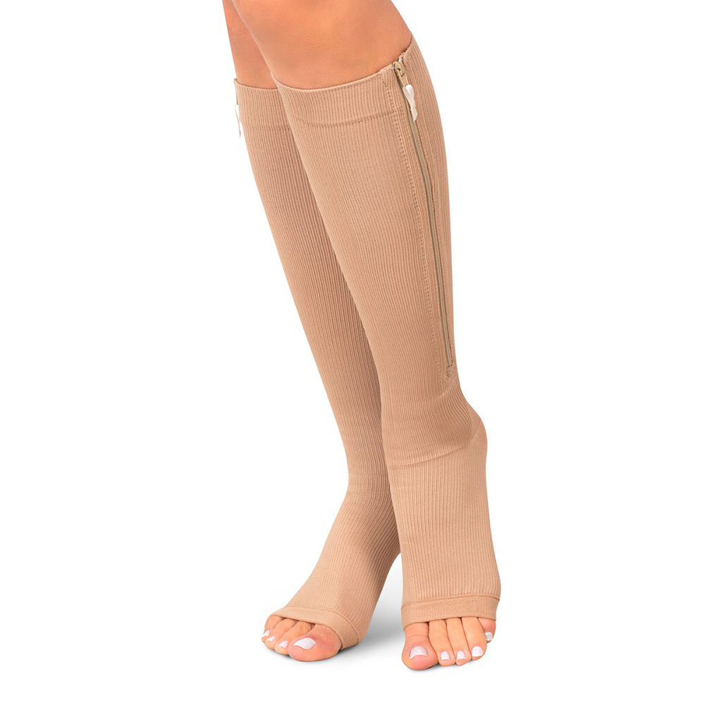 Medias de Compresión Mujer, Ideal para Piernas Cansadas, Alivia y Reduce la Hinchazón, Cremallera para Adaptarse a Cualquiera Talla y Forma de Pierna, Diseño de Punta Abierta para Mayor Comodidad, Hecho de Nylon y Elastán Flexible