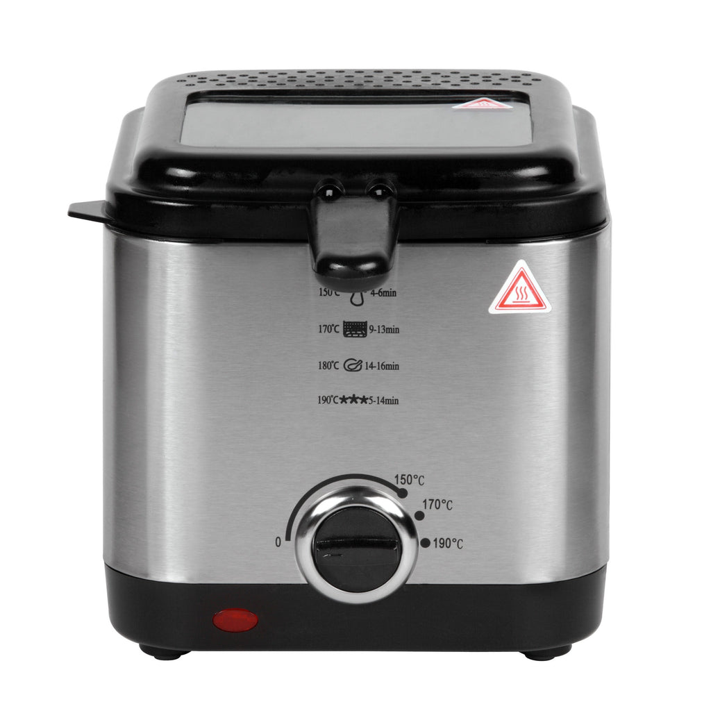 Freidora de Aceite, Freidora Eléctrica con 1,5 Litros de Capacidad, Tapadera Extraíble con Ventana, Facil Limpieza, Selector de Temperatura: 150ºC-190ºC, Carcasa de Acero Inoxidable, Contenedor de Aceite con Revestimiento Antiadherente, Tamaño Compacto