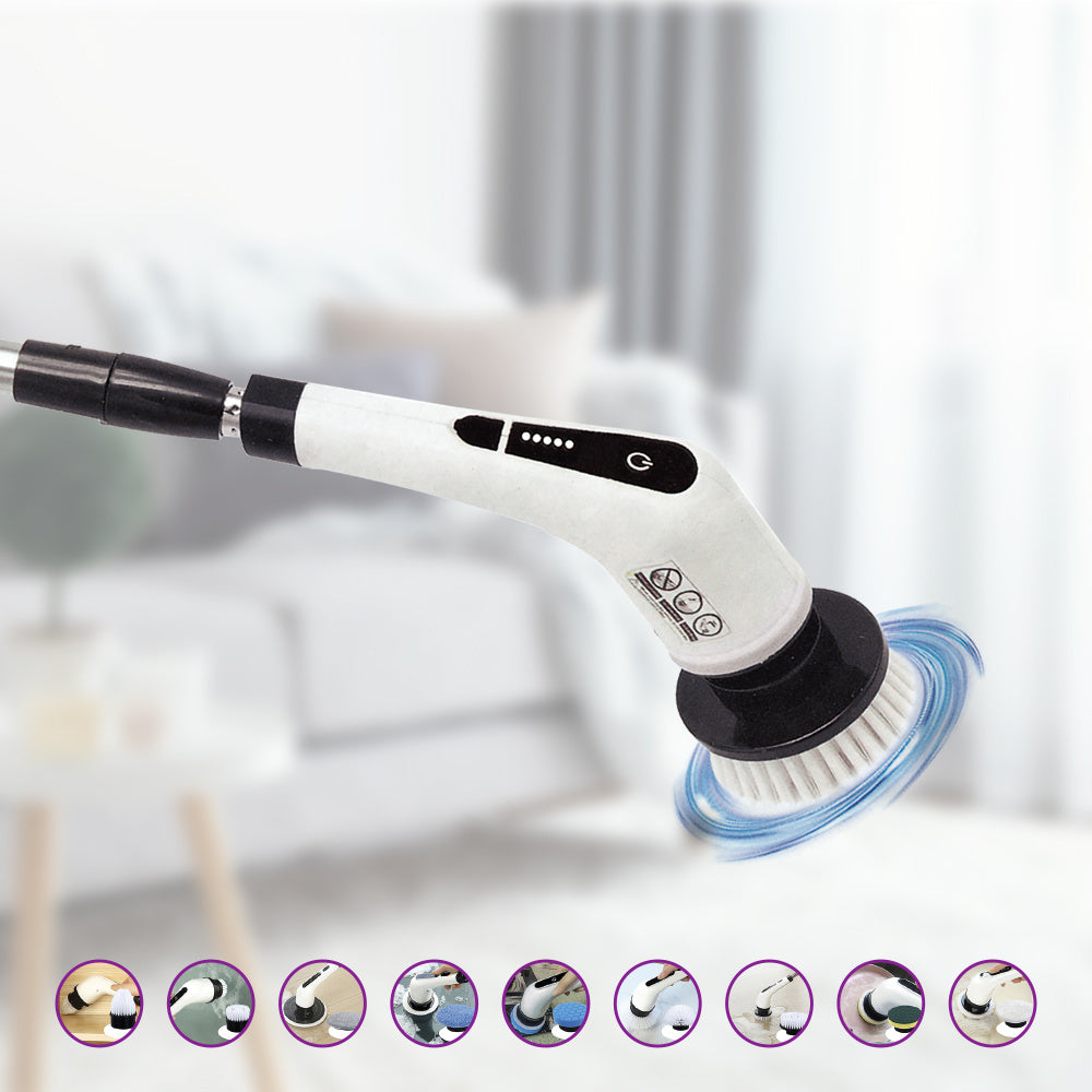 Cepillo de Limpieza Eléctrico Giratorio 9 en 1, Cabezal Giratorio 360º, Mango Extensible hasta 100cm, 9 Cabezales Diferentes, Ideal para Todo Tipo de Superficies, 2 Velocidades, Cargador USB-C, 1 Cepillo