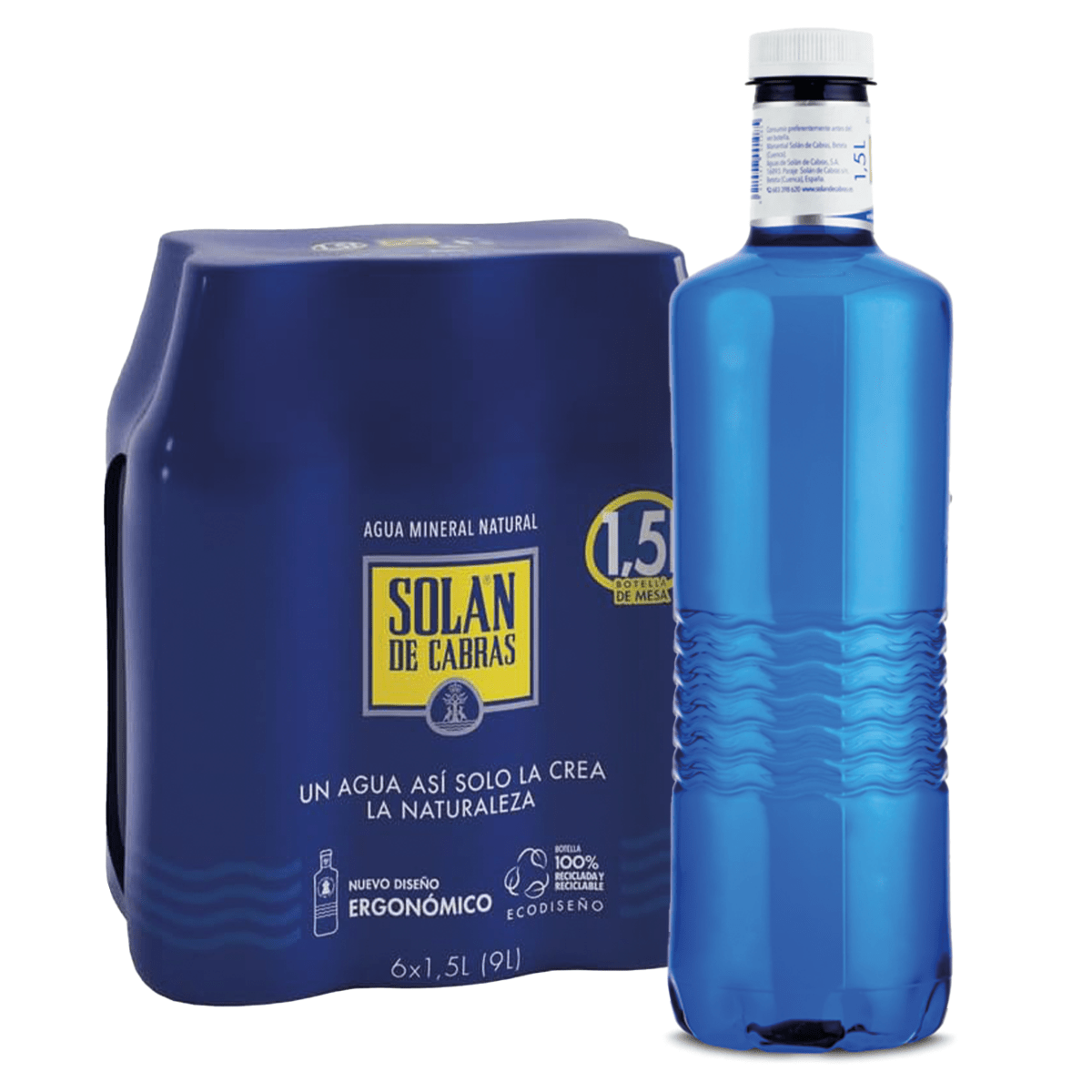 SOLAN DE CABRAS Agua Mineral Natural sin Gas con una destacada Composición Mineral, Máxima Calidad de Agua, Ideal para Hidratarte en Cualquier Situación, 6 Botellas de 1,5L