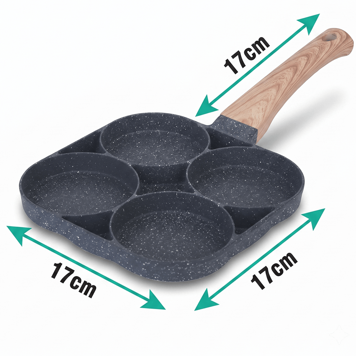 Sartén de 4 Compartimentos, Fabricado en Aluminio de Alta Calidad, Fácil Limpieza, Revestimiento Antiadherente, Compatible con Todo Tipo de Cocinas, Perfecta para Huevos y Panqueques, 17 x 17cm
