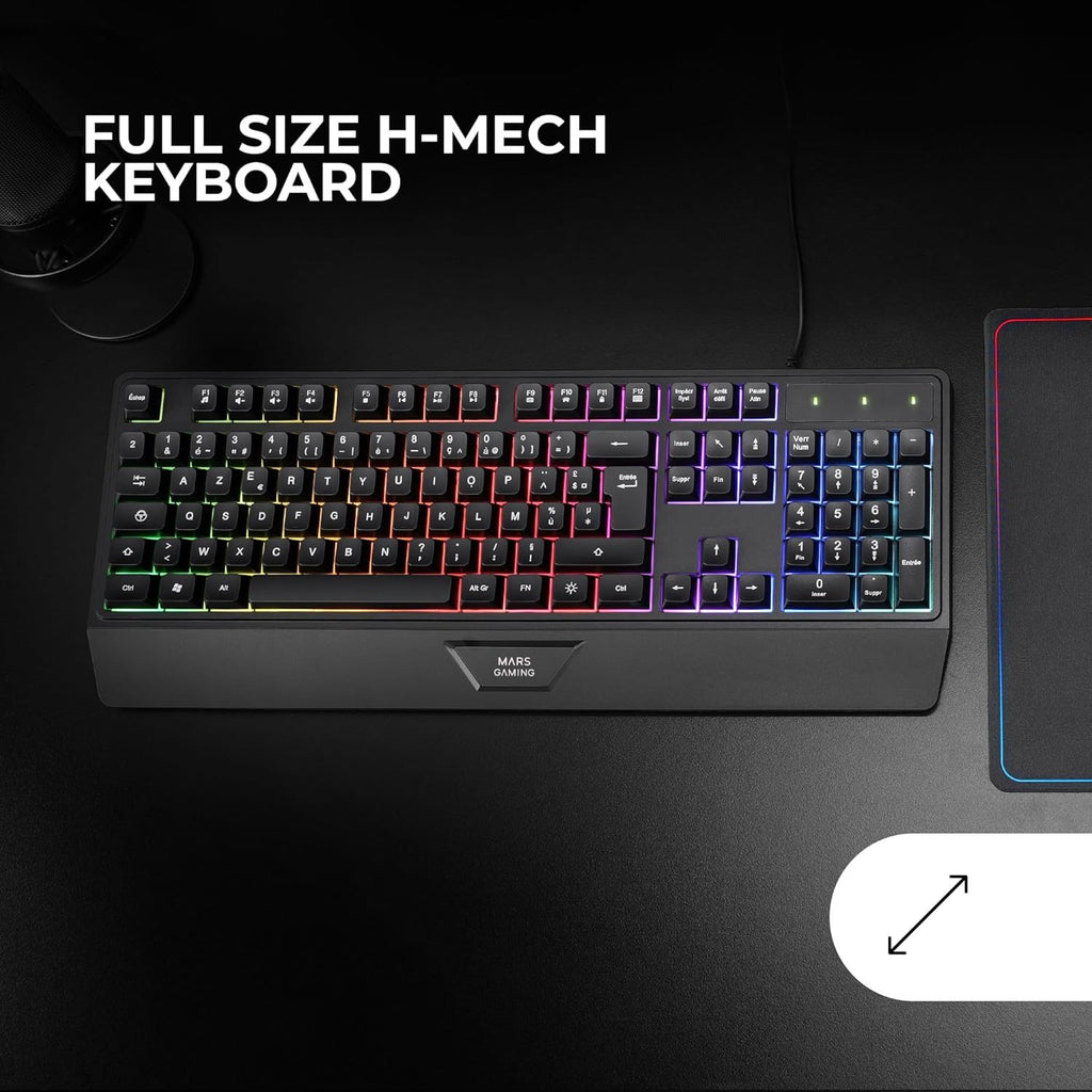 Mars Gaming MK124, Teclado Ergonómico H-Mech, Reposamuñecas Integrado, Iluminación FRGB Rainbow, Teclado Gaming Antighosting Avanzado, Teclado PC Completo Multiplataforma, Idioma Español, Negro