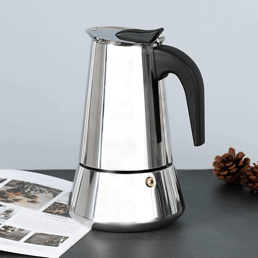 Cafetera Italiana 12 Tazas, Hecha de Acero Inoxidable, Mango Antiquemaduras, Compatible con Vitrocerámica, Gas, Inducción y Eléctrico, Capacidad de 700 gr de Café, Hasta 12 Tazas de Café, Fácil Limpieza