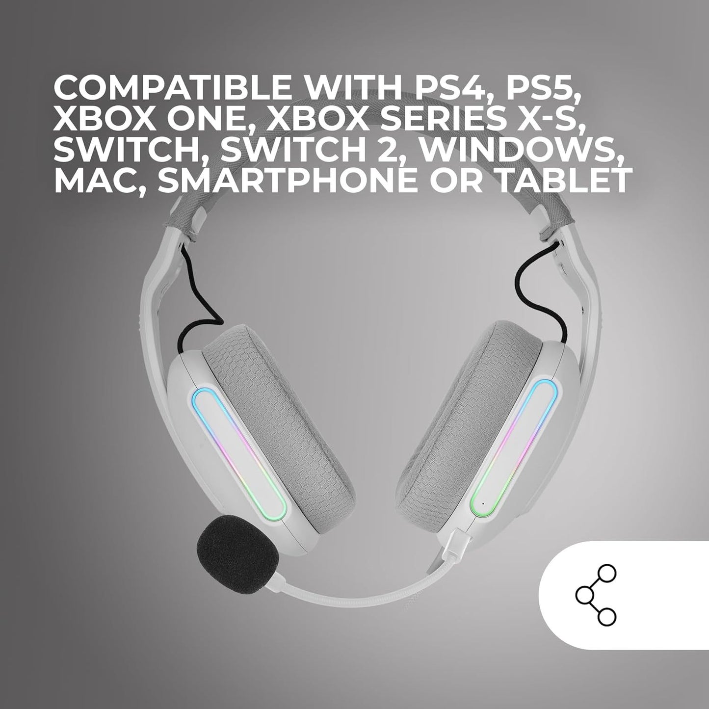 Mars Gaming MH-Pro, Auriculares Gaming ARGB Flow, Sonido Envolvente, Almohadillas Air 3D, Micrófono, PS4, PS5, Xbox One, Xbox Series X-S, Switch, Switch 2, Windows, Mac, Smartphone y Tablet, Blanco