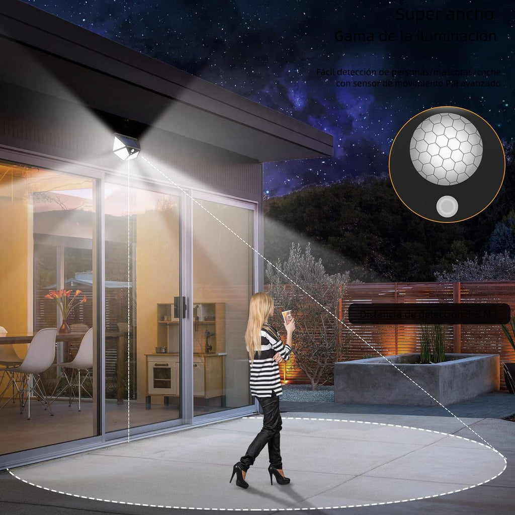 Luces Solares Exterior con Sensor de Movimiento, 100LEDS, 3 Modos de Iluminación, Impermeable, Resistente al Agua, Fácil Instalación, No Necesita Cableado, Luz Led con Sensor de Movimiento, ideal para Jardín, Pared, Porches y Balcones, 10.5 x 14.5 x 6 cm