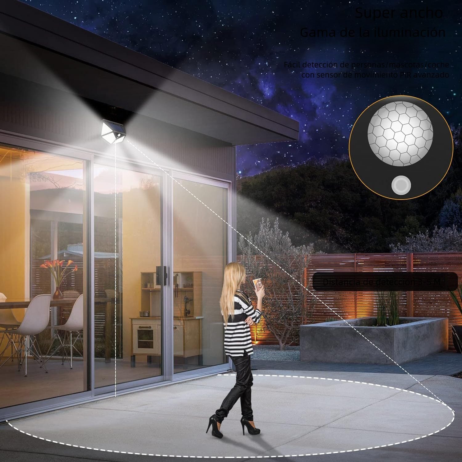 Luces Solares Exterior con Sensor de Movimiento, 100LEDS, 3 Modos de Iluminación, Impermeable, Resistente al Agua, Fácil Instalación, No Necesita Cableado, Luz Led con Sensor de Movimiento, ideal para Jardín, Pared, Porches y Balcones, 10.5 x 14.5 x 6 cm