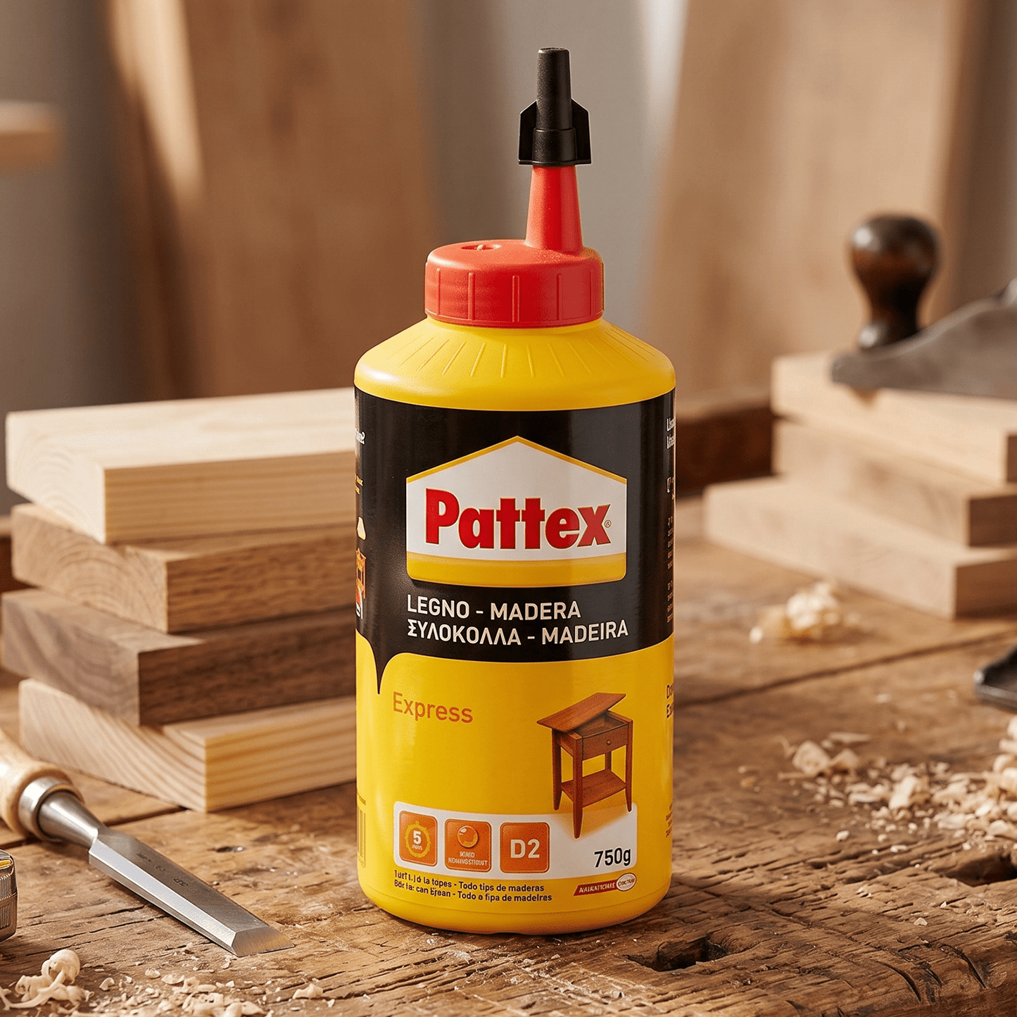 Pattex Cola para Madera Express Traslúcida, Cola de Contacto para Madera de Secado Rápido, Adhesivo de Montaje, Ensamblaje, Chapado y Laminado, Botella de 750 g