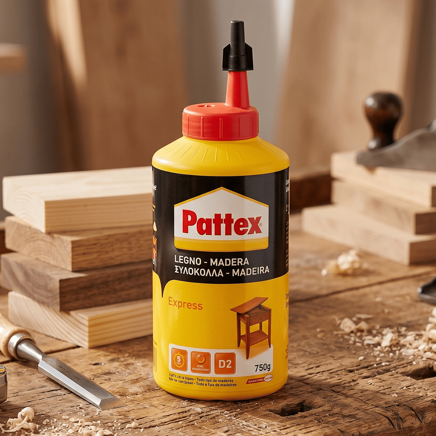 Pattex Cola para Madera Express Traslúcida, Cola de Contacto para Madera de Secado Rápido, Adhesivo de Montaje, Ensamblaje, Chapado y Laminado, Botella de 750 g