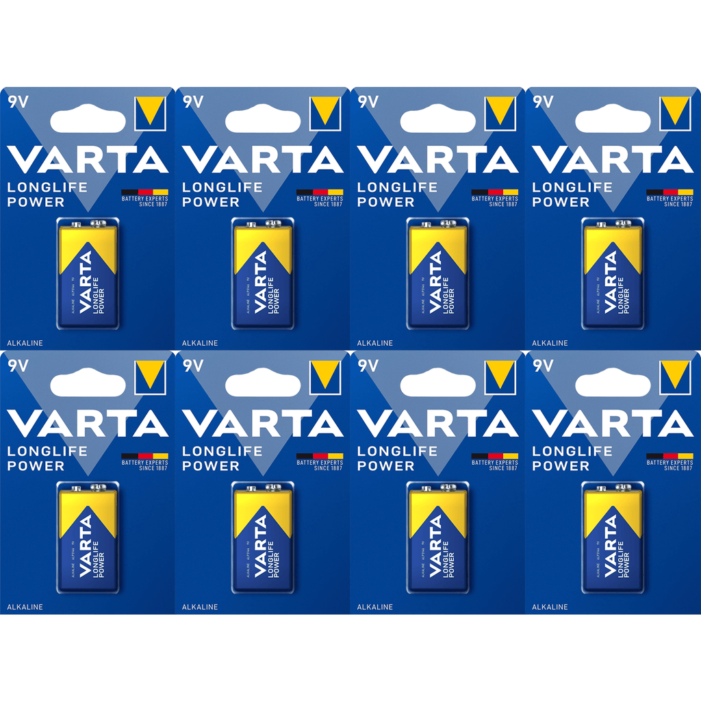 Pilas 9V Alcalinas, Pilas 9v Cuadradas de Alto Rendimiento, VARTA Longlife Power, Ultra Larga Duración, Energía Continua, Ideal para Detectores de Humo, Micrófonos Inalámbricos, Pedales de Guitarra, Multímetros, Electrodomésticos
