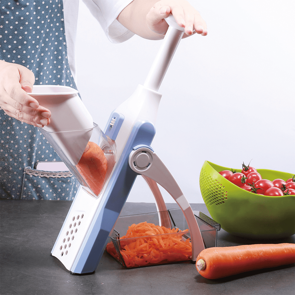 Cortador de Verduras y Patatas, 4 Funciones en 1: Corte en Rodajas, Palitos, Juliana y Cubitos, con Ajuste de Grosor, Cuchillas de Acero Inoxidable, Fácil de Usar y Limpiar, Hecho de Materiales Resistentes, Ahorra Tiempo y Espacio