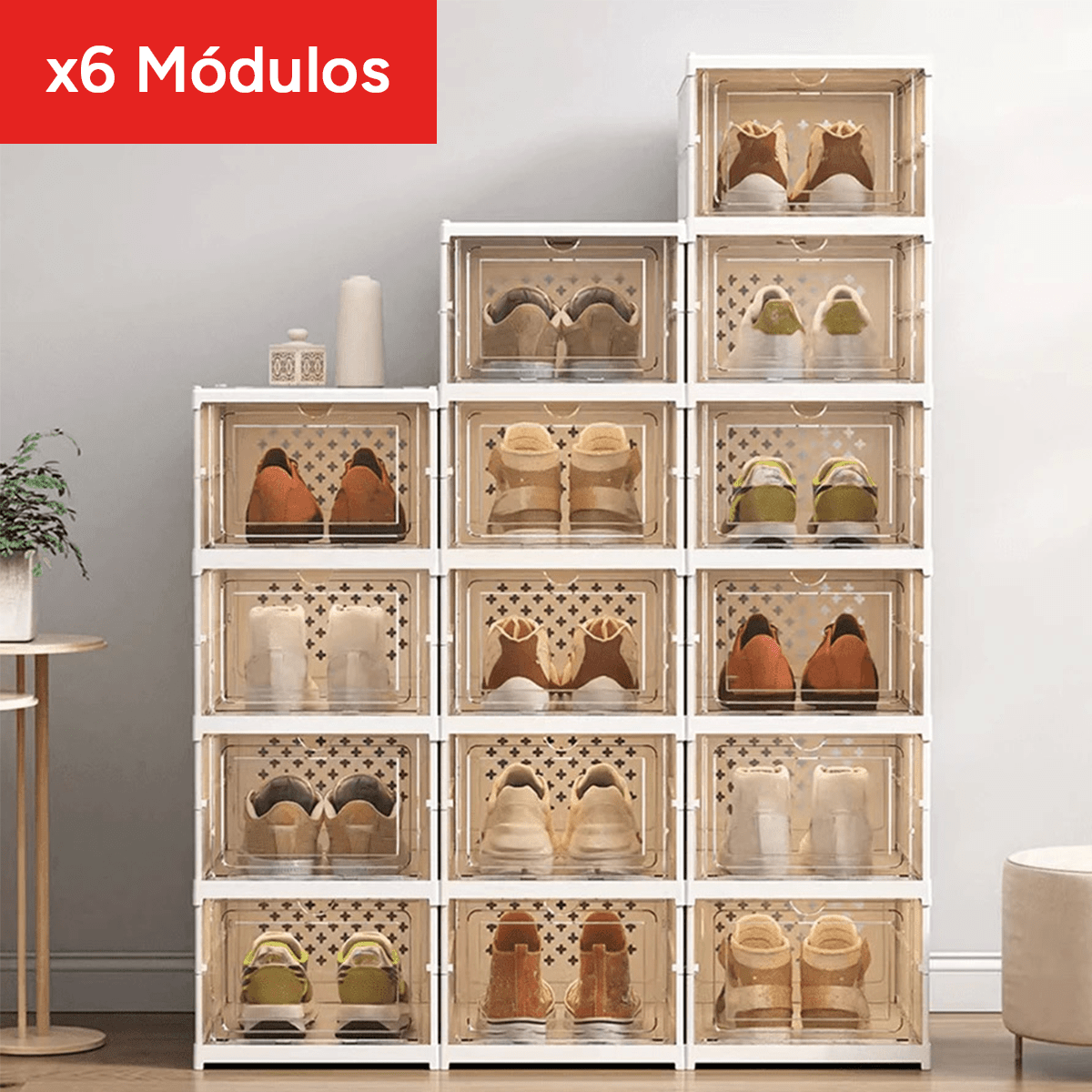 Zapatero Apilable de 6 Niveles para Zapatos, 6 Módulos para Organizar Calzado, Almacenamiento de Plástico a Prueba de Polvo con Tapa para Dormitorio y Sala de Estar, Resistente, Montaje Fácil y Rápido, Medidas Montado: 105 x 34,5 x 25,5 cm