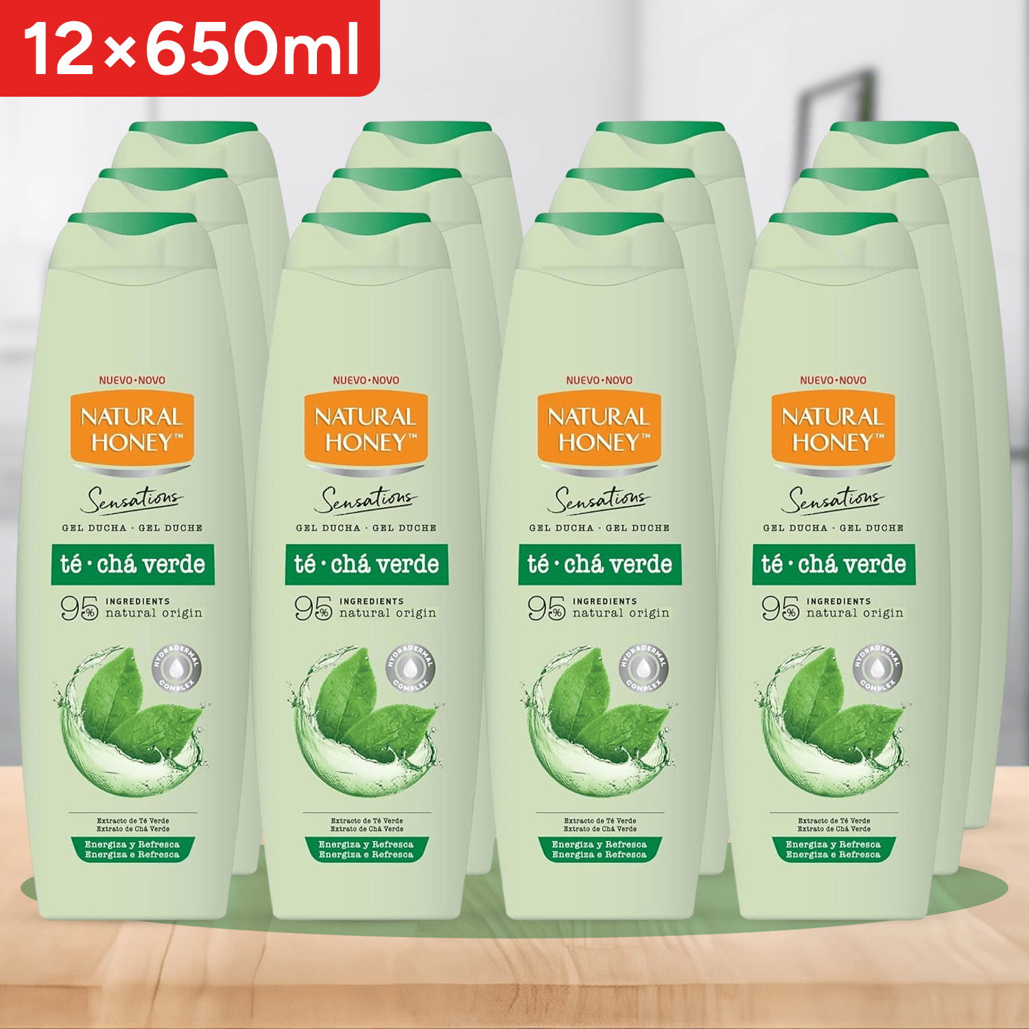 Natural Honey, Gel de Ducha de Té Verde con Propiedades Antioxidantes y Energizantes, con Hydradermal Complex para una Piel Hidratada y Revitalizada, Refrescante y Protector, Línea Sensations, 650 ml