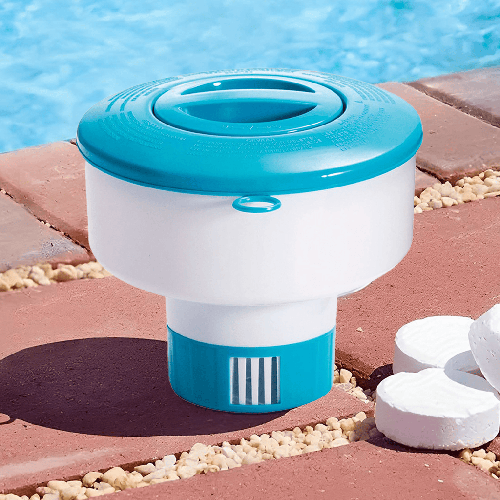 Dispensador Cloro Piscina de Ø 17,8 cm, Skimmer Piscina, Compatible con Tabletas de Cloro o Bromo de Ø 7,6 cm, Tapa de Doble Cierre de Seguridad, Dispensador con Anillo Regulable, Apto para Cualquier Piscina y Spa