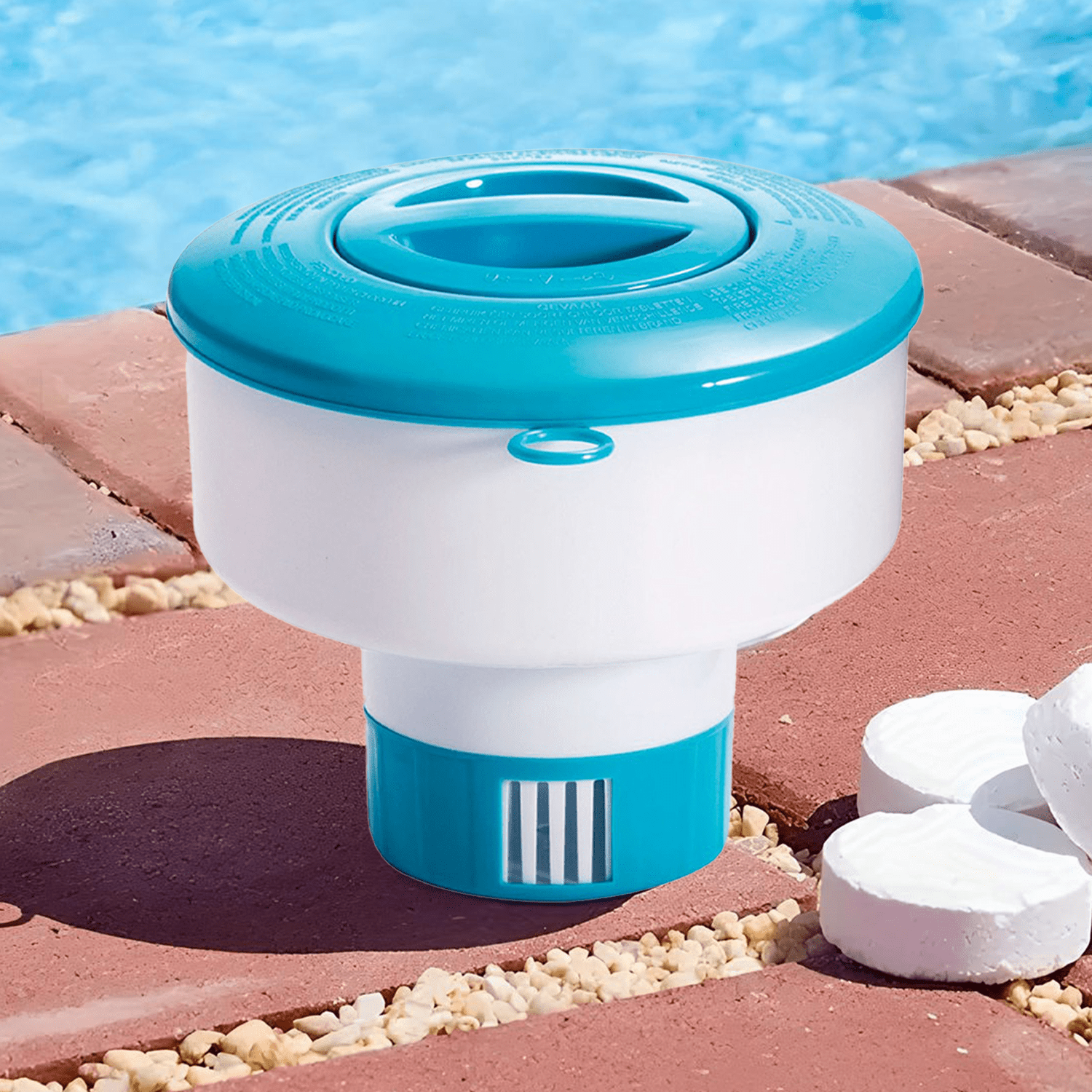 Dispensador Cloro Piscina de Ø 17,8 cm, Skimmer Piscina, Compatible con Tabletas de Cloro o Bromo de Ø 7,6 cm, Tapa de Doble Cierre de Seguridad, Dispensador con Anillo Regulable, Apto para Cualquier Piscina y Spa