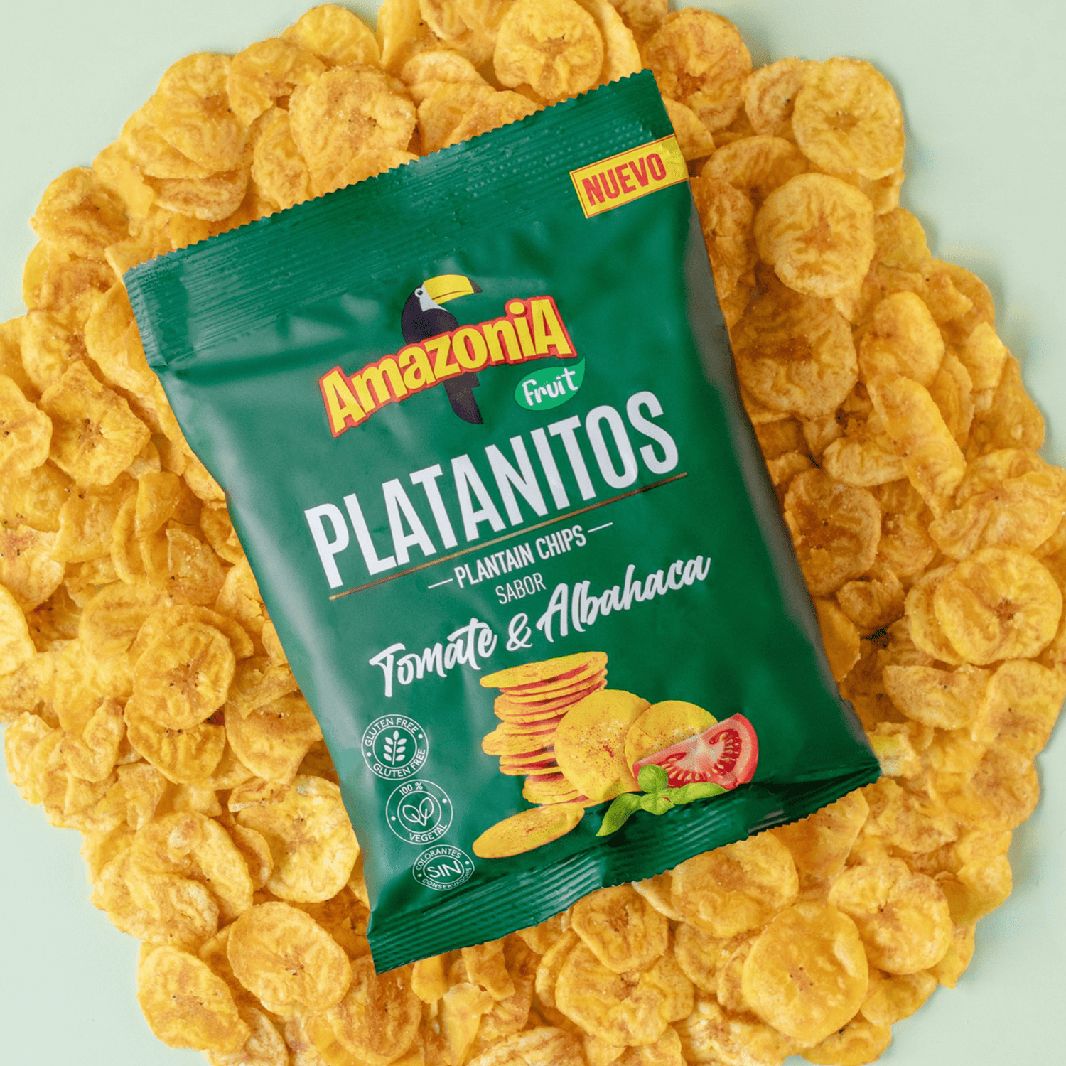 Amazonia Platanitos Sabor Tomate y Albahaca, Chips de Platano Sin GLuten, Sin Colorantes ni Conservantes, 75g cada Paquete