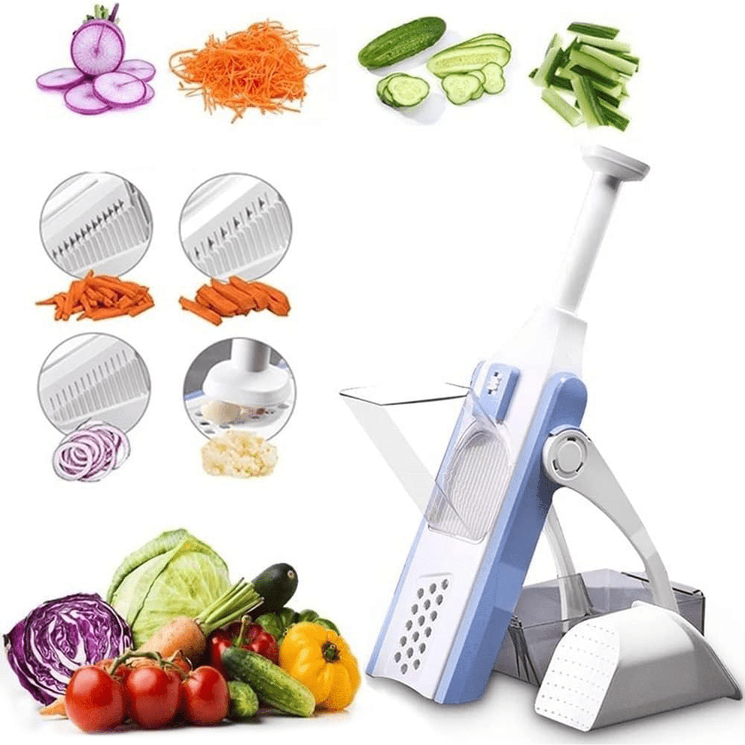 Cortador de Verduras y Patatas, 4 Funciones en 1: Corte en Rodajas, Palitos, Juliana y Cubitos, con Ajuste de Grosor, Cuchillas de Acero Inoxidable, Fácil de Usar y Limpiar, Hecho de Materiales Resistentes, Ahorra Tiempo y Espacio