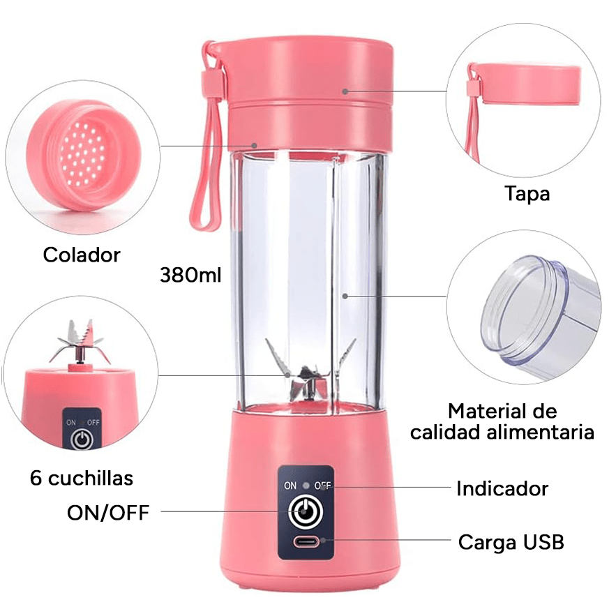 Licuadora Portatil Zumos y Batidos, Batidora para Frutas y Verduras, 6 Cuchillas de Acero, Vaso de 380ml de Capacidad, Ideal para Llevar, Cable de Carga USB, Batería de 800 mAh, 22000 RPM