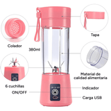 Licuadora Portatil Zumos y Batidos, Batidora para Frutas y Verduras, 6 Cuchillas de Acero, Vaso de 380ml de Capacidad, Ideal para Llevar, Cable de Carga USB, Batería de 800 mAh, 22000 RPM